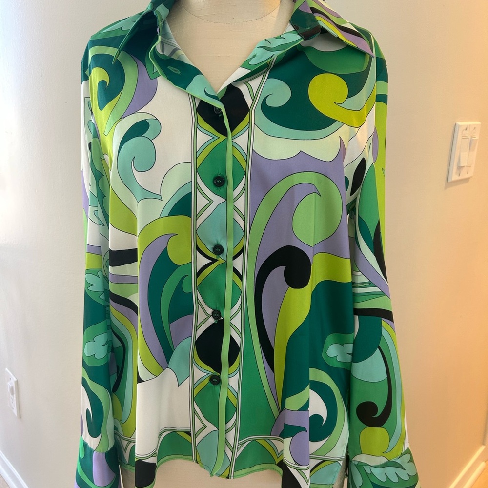 ZARA Green Multi-Print Tie-Front Button Shirt NWT looks like Pucci - Picture 2 of 6